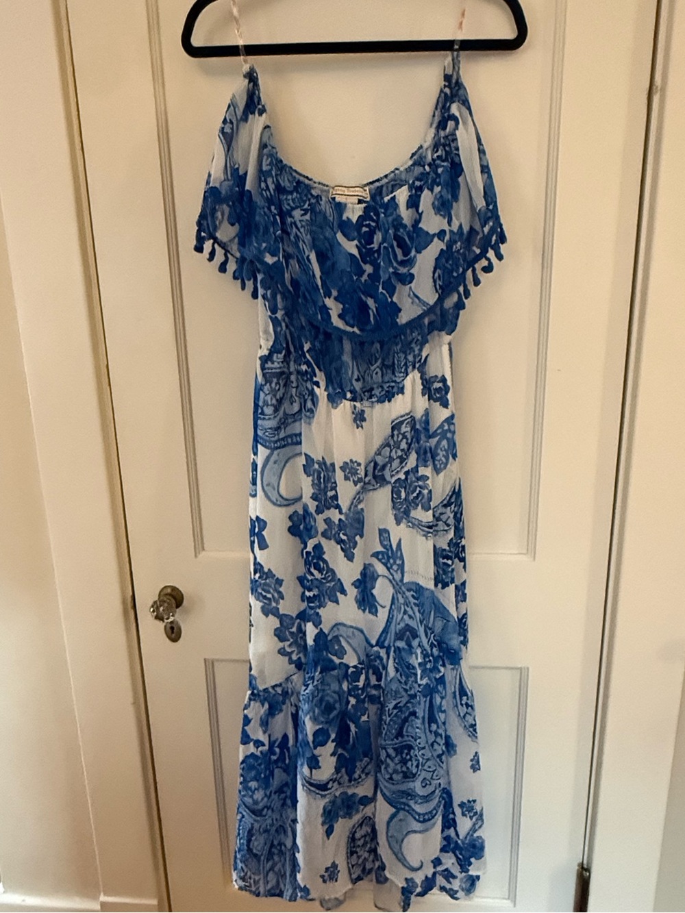 Flying Tomato Blue and White Floral Maxi Dress with Pom-Pom Trim